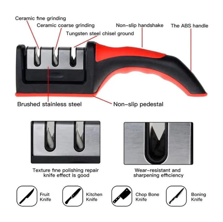 Knife Sharpener Handheld Multi-function 3 Stages Type Quick Sharpening Tool With Non-slip Base Kitchen Knives Accessories Gadget